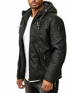 RED BRIDGE Men's Faux Lether Jacket Transition Biker Jacket with Hooded Modern 2in1