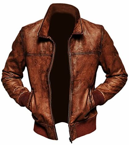 SHOP OF JACKETS LIMITED Mens Biker Vintage Distressed Brown Bomber Winter Leather Jacket - Image 2