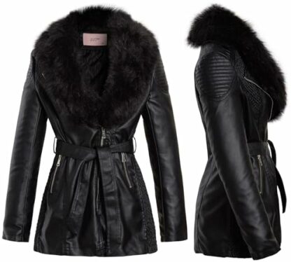 SS7 Womens Faux Leather Biker Coat with Faux Fur Collar - Image 3