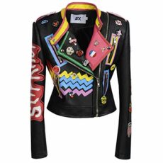 SX Women's Punk Floral Embroidered Faux Leather Moto PU Jacket Coat - Black - Large