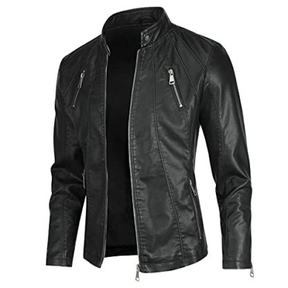 Sliktaa Men's Casual Jacket Stand Collar Soft Warm Bomber Faux Leather Jacket Windbreaker 4 Sliktaa Men's Casual Jacket Stand Collar Soft Warm Bomber Faux Leather Jacket Windbreaker - Image 4