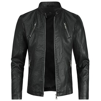 Sliktaa Men's Casual Jacket Stand Collar Soft Warm Bomber Faux Leather Jacket Windbreaker 2 Sliktaa Men's Casual Jacket Stand Collar Soft Warm Bomber Faux Leather Jacket Windbreaker - Image 2
