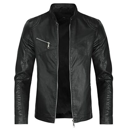 Sliktaa Men's Casual Leather Jackets Stand Collar Bomber Jackets 2 Sliktaa Men's Casual Leather Jackets Stand Collar Bomber Jackets - Image 2