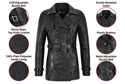 Smart Range Trench Ladies Black Classic Mid-Length Designer Real Leather Jacket Coat 1123 - Image 3