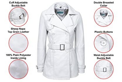 Smart Range Trench Ladies White Classic Mid-Length Designer Real Leather Jacket Coat 1123 3 Smart Range Trench Ladies White Classic Mid-Length Designer Real Leather Jacket Coat 1123 - Image 3