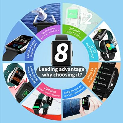 Smart Watch, Android Smart Watches for Men, Women, 1.69" Full Touch Curved Screen Fitness Watch with Heart Rate, Sleep Monitor Waterproof Fitness Tracker Black/Blue - Image 3