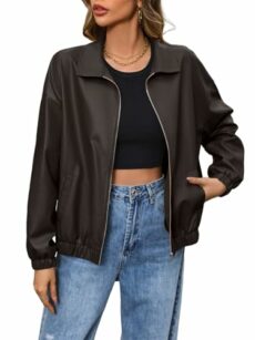 SotRong Faux Leather Jacket for Women Fashion Oversized Motorcycle Biker Coats Long Sleeve Solid Color Zip Up Bomber Style PU Shacket Lapel Collar Overcoat Outwear with Pocket