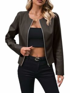 SotRong Womens Faux Leather Zip-Up Jacket Cropped Moto Style Blazer Collarless PU Biker Motorcycle Coat Lightweight Fashion Outwear for All Seasons