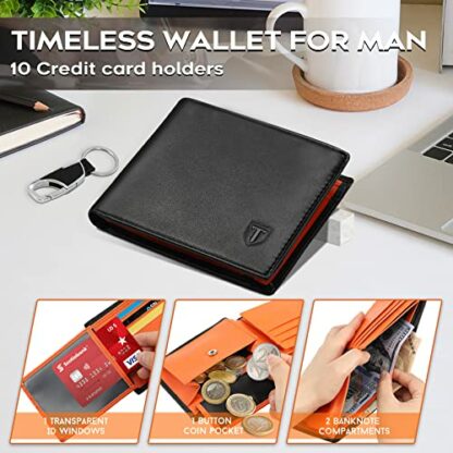 TEEHON® Wallets Mens Slim RFID Blocking Genuine Leather with Coin Pocket & Key Holder, 2 Banknote Compartments, 10 Credit Card Holders (ID Window), Wallet for Men with Gift Box-Black and Orange - Image 3