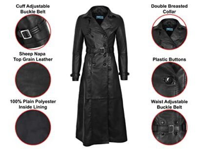 Trench Ladies Black Full-Length Designer Real Lambskin Leather Jacket Coat 1123 - Image 3