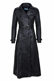 Trench Ladies Black Full-Length Designer Real Lambskin Leather Jacket Coat 1123
