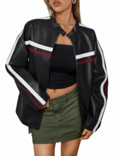Trendy Queen Womens Faux Leather Jackets Bomber Oversized Motorcycle Jackets Collar Zip Up Coats Y2k Outfits
