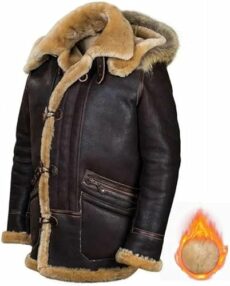 UANGLI Jacket Pilot from Sheepskin, Winter Warm Leather Removable Hood Jacket for Men, Men's Winter Coat Outerwear Long