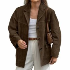 UTNCCCZU Women's Faux Suede Blazer Jacket Notched Lapel Single Breasted Faux Suede Leather Suit Jacket Brown Suede Leather Blazer Jacket Oversized Casual Coat Streetwear Style