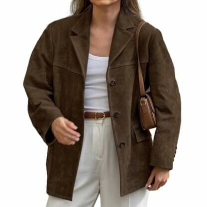 UTNCCCZU Women's Faux Suede Blazer Jacket Notched Lapel Single Breasted Faux Suede Leather Suit Jacket Brown Suede Leather Blazer Jacket Oversized Casual Coat Streetwear Style 2 UTNCCCZU Women's Faux Suede Blazer Jacket Notched Lapel Single Breasted Faux Suede Leather Suit Jacket Brown Suede Leather Blazer Jacket Oversized Casual Coat Streetwear Style - Image 2