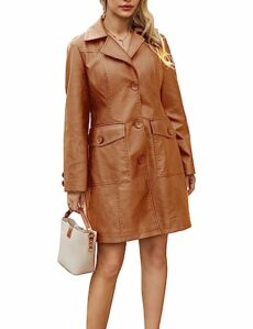 Vanchenl Women's Casual Lapel Single Breasted PU Faux Leather Jacket Long Sleeve Vegan Leather Fashion Mid Trench Coat Outerwear