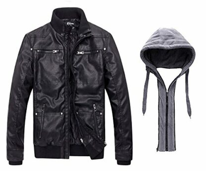 Wantdo Men's Causal Stand Collar Leather Jacket with Removable Hood Motorcycle Bomber Jacket Faux Leather Vintage Windproof Coat 3 Wantdo Men's Causal Stand Collar Leather Jacket with Removable Hood Motorcycle Bomber Jacket Faux Leather Vintage Windproof Coat - Image 3