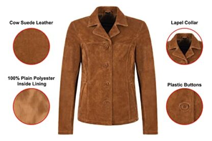 Woman’s Real Tan Suede Leather Classic Blazer Style Box Buttons Jacket Jennifer 8728 - Image 4