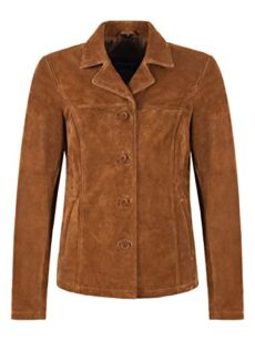 Woman’s Real Tan Suede Leather Classic Blazer Style Box Buttons Jacket Jennifer 8728