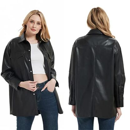 Women Faux Leather Shacket Jacket Button Down Blouses Long Sleeve Shirts 2022 Spring Fashion, Casual Loose Oversized Coat 3 Women Faux Leather Shacket Jacket Button Down Blouses Long Sleeve Shirts 2022 Spring Fashion, Casual Loose Oversized Coat - Image 3