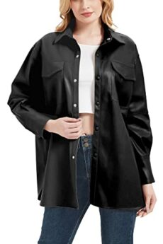 Women Faux Leather Shacket Jacket Button Down Blouses Long Sleeve Shirts 2022 Spring Fashion, Casual Loose Oversized Coat