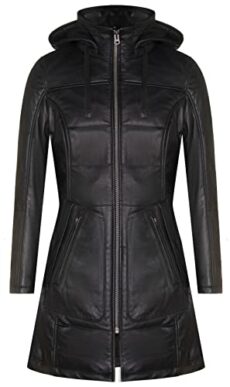 Women's Black Leather Puffer Quilted Hooded Parka Coat