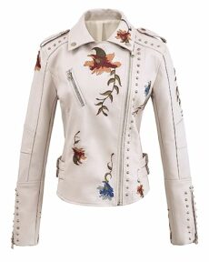 Women's Embroidered Studded Faux Leather Jacket Moto Punk Jacket Floral Coat