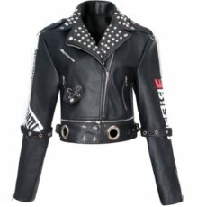 Women's Faux Leather PU Jacket, Graffiti Studded Rivet Punk Biker Moto Fashion Coat with Long Sleeve