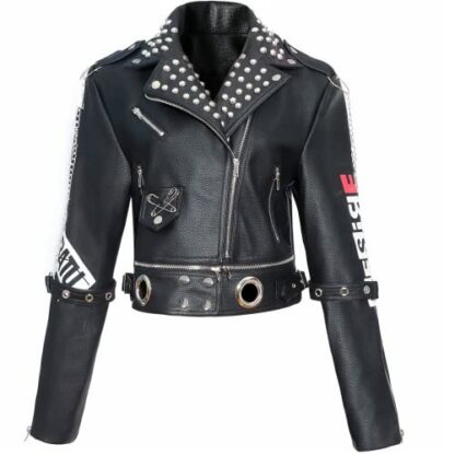 Women's Faux Leather PU Jacket, Graffiti Studded Rivet Punk Biker Moto Fashion Coat with Long Sleeve - Image 2