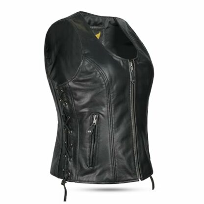 Womens Leather Waistcoat Black Genuine Top Grain Buffalo Leather Sleeveless Vest - Image 2