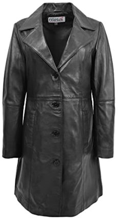Womens Real Leather 3/4 Length Mac Coat Button Fastening Macey