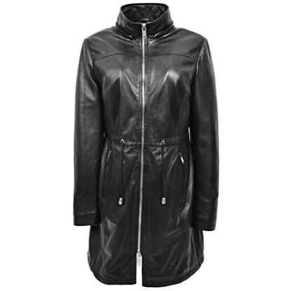 Womens Real Leather Hooded Parka Coat 3/4 Length Style Tyra Black - Image 4