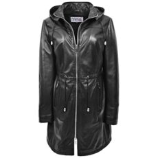 Womens Real Leather Hooded Parka Coat 3/4 Length Style Tyra Black