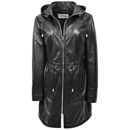 Womens Real Leather Hooded Parka Coat 3/4 Length Style Tyra Black - Image 2
