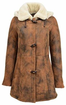Womens Real Sheepskin Duffle Coat Detachable Hoodie Parka Ellen Vintage Brown