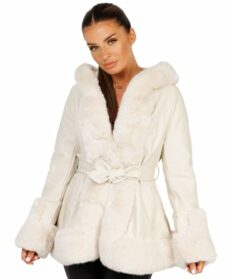 Women's Vegan Faux Fur Leather Waist Belted Hooded PU Long Parka Winter Swing Coat Jacket