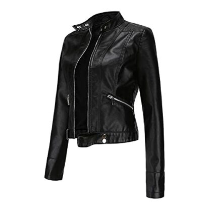 YFFUSHI Women Classic Faux Leather PU Moto Biker Jacket Short Slim Fit Casual Zip Up Coat - Image 3
