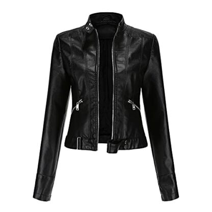 YFFUSHI Women Classic Faux Leather PU Moto Biker Jacket Short Slim Fit Casual Zip Up Coat - Image 2