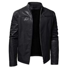 YUDATPG Men Faux Leather Jacket PU Motorcycle Bomber Slim Fit Soft Touch Classic Stand Collar Casual Zipped Coat Thicken Warm Windproof Thermal Windbreaker Plush