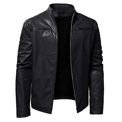 YUDATPG Men Faux Leather Jacket PU Motorcycle Bomber Slim Fit Soft Touch Classic Stand Collar Casual Zipped Coat Thicken Warm Windproof Thermal Windbreaker Plush - Image 2