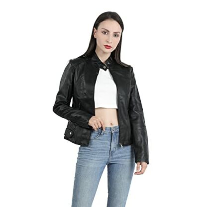 YYNUDA Leather Jacket Women PU Biker Moto Jacket Zip Up Classic Short Bomber Jacket Standing Collar Motorcycle Coat - Image 4
