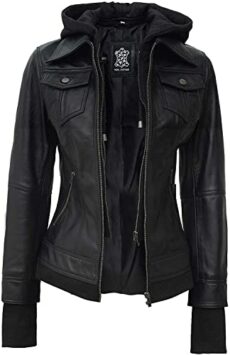 fjackets Leather Jackets For Women - Removable Hood & Bomber Real Lambskin Leather Jacket Womens