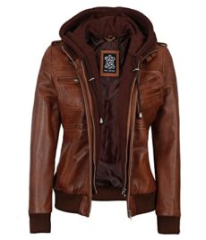 fjackets Womens Leather Jacket - Real Lambksin Bomber Leather Jacket Women With Removable Hood