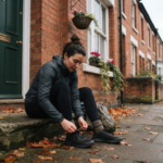 Runner lacing up shoes on a doorstep before a run in the UK