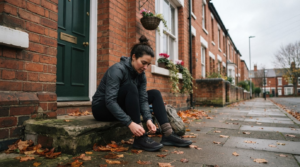 Runner lacing up shoes on a doorstep before a run in the UK