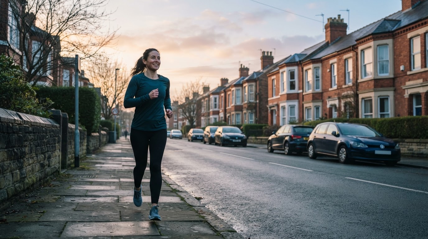 Beginner runner jogging along a quiet suburban UK street early morning