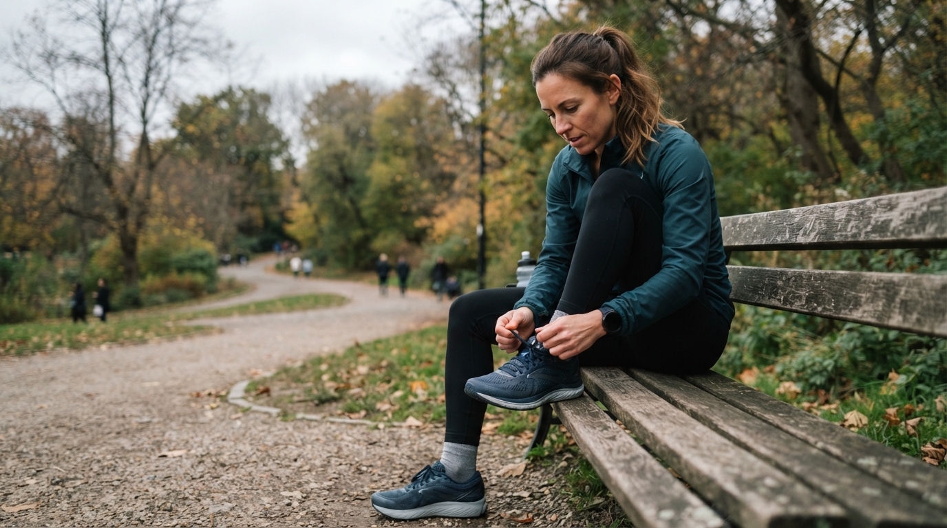 Runner tying properly fitted running shoes on a park bench