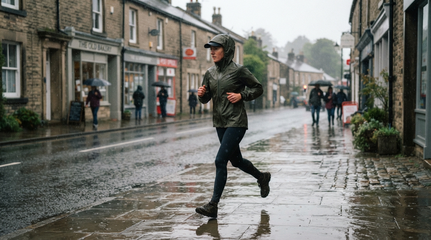 Runner in a lightweight rain jacket running through UK drizzle