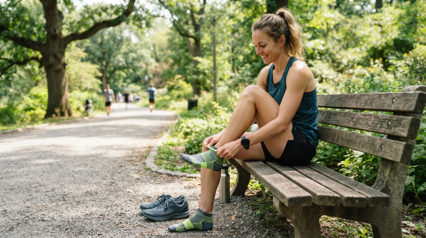 Runner pulling on technical running socks before a run