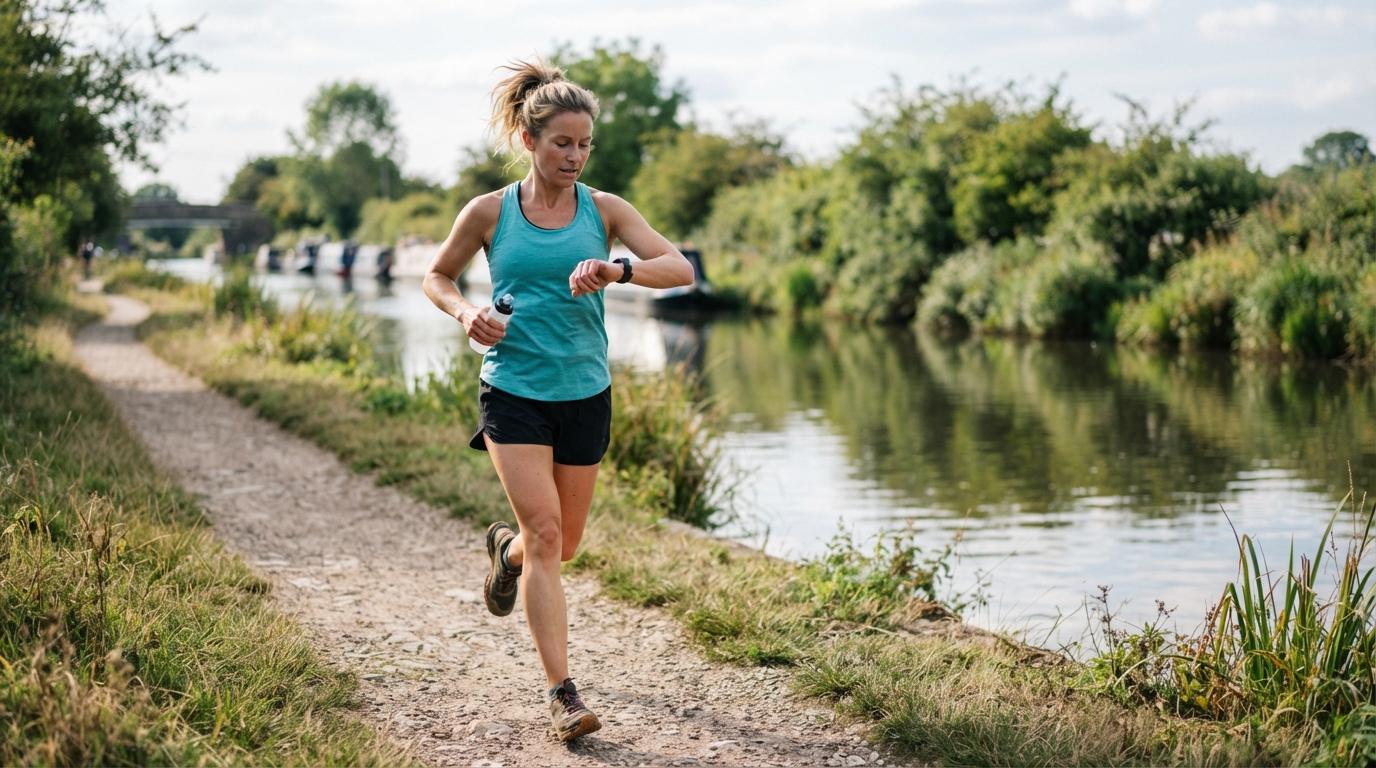 Runner checking a running watch while jogging along a canal path
